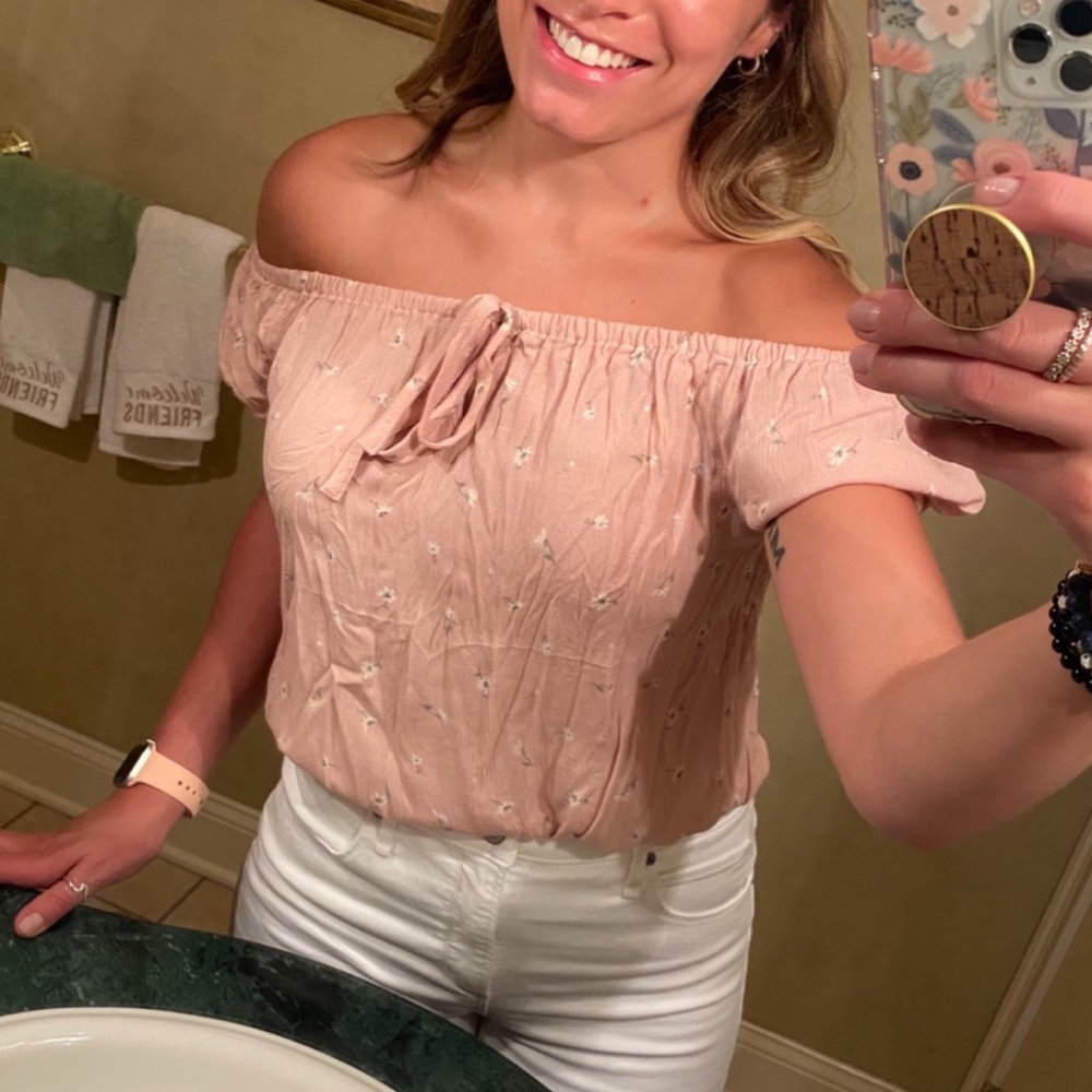 Light pink off the shoulder blouse